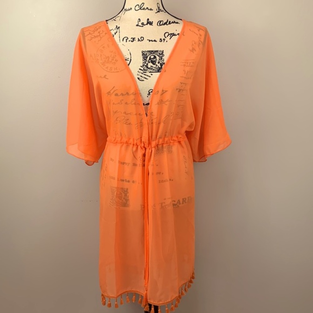 YMI Boho Swim Cover Up Tangerine Drawstring Tassels NWT